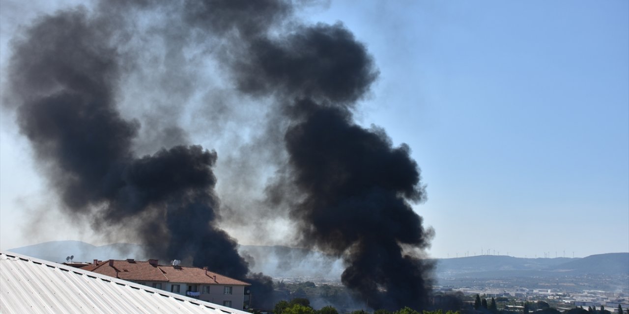 İzmir'de palet atölyesinde çıkıp otluk alana sıçrayan yangına ekiplerce müdahale ediliyor