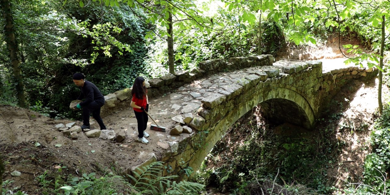 Rize'de baba kız tarihi kemer köprüdeki yabani otları temizledi