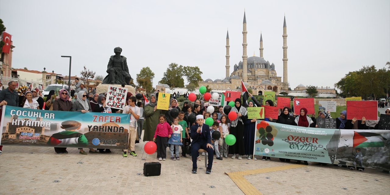 Edirne'de kadın ve çocuklar İsrail'in Filistin'e yönelik saldırılarını protesto etti