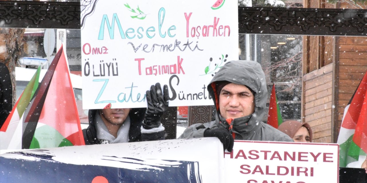 Erzurum'da sağlık çalışanları, kar yağışına rağmen Gazze için yürüdü