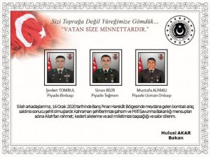 Milli Savunma Bakanı Akar, şehit askerler için taziye mesajı yayımladı