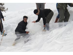 Konya'da 1700 rakımdaki çukura yazın kullanmak üzere kar depoladılar