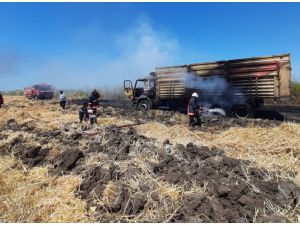 Mersin'de buğday yüklü kamyon alev aldı