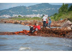Giresun'da vatandaşlar derelerden denize sürüklenen odunları topladı