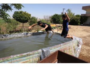 Diyarbakırlı çiftçi sıcaktan bunalan çocukları için traktörünün römorkunu havuza çevirdi