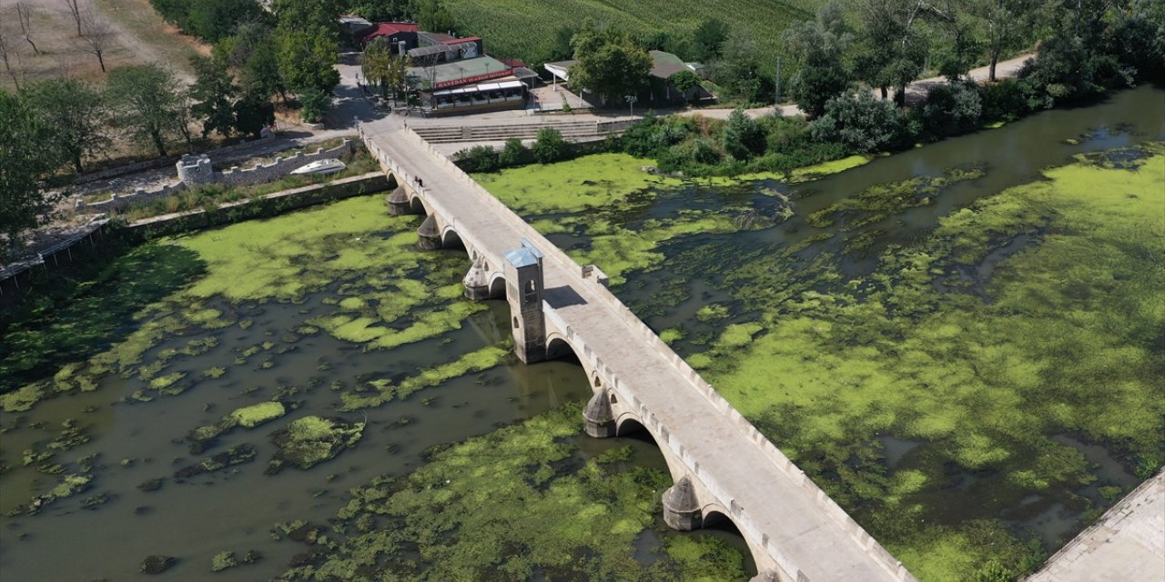 Edirne'de debisi düşen Tunca Nehri'nde çöpler ortaya çıktı