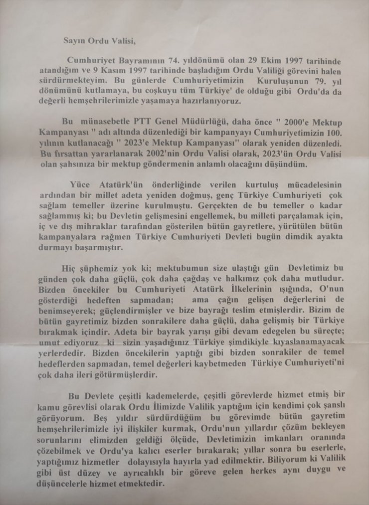 Eski Ordu Valisi Yazıcıoğlu'nun 21 yıl önce yazdığı mektup, Vali Erol'a teslim edildi