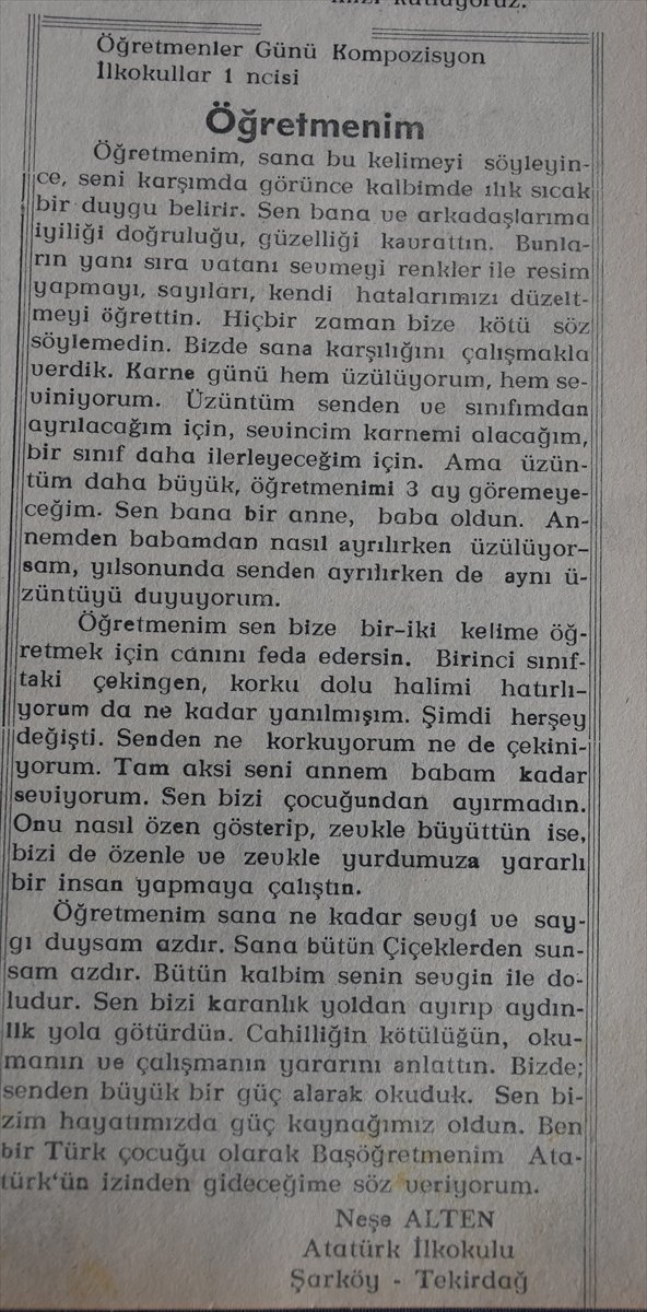 Şehit öğretmen Neşe Alten'in öğretmenine yazdığı kompozisyon gazetede yayınlanmış