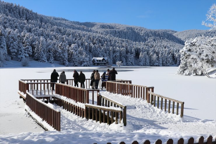 Gölcük Tabiat Parkı'ndaki gölün yüzeyi buz tuttu