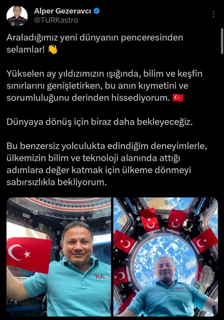 Türkiye'nin ilk astronotu Gezeravcı'dan dönüş mesajı: