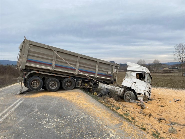 Sakarya'da tarlaya devrilen kamyonun sürücüsü yaralandı