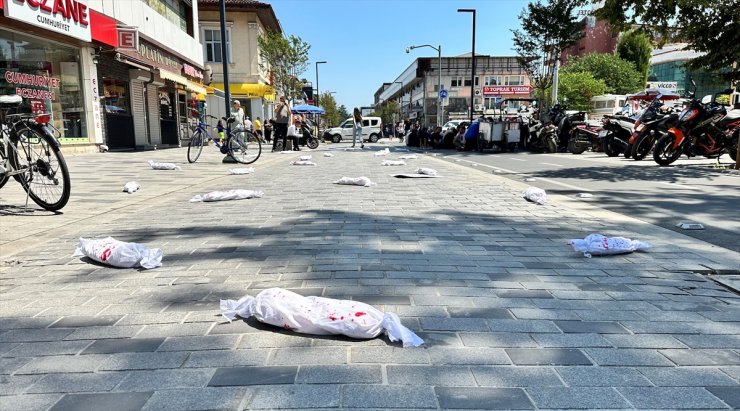 Düzce'de, İsrail'in saldırılarında ölen çocuklar "kanlı kefenli bebek" eylemi düzenlendi