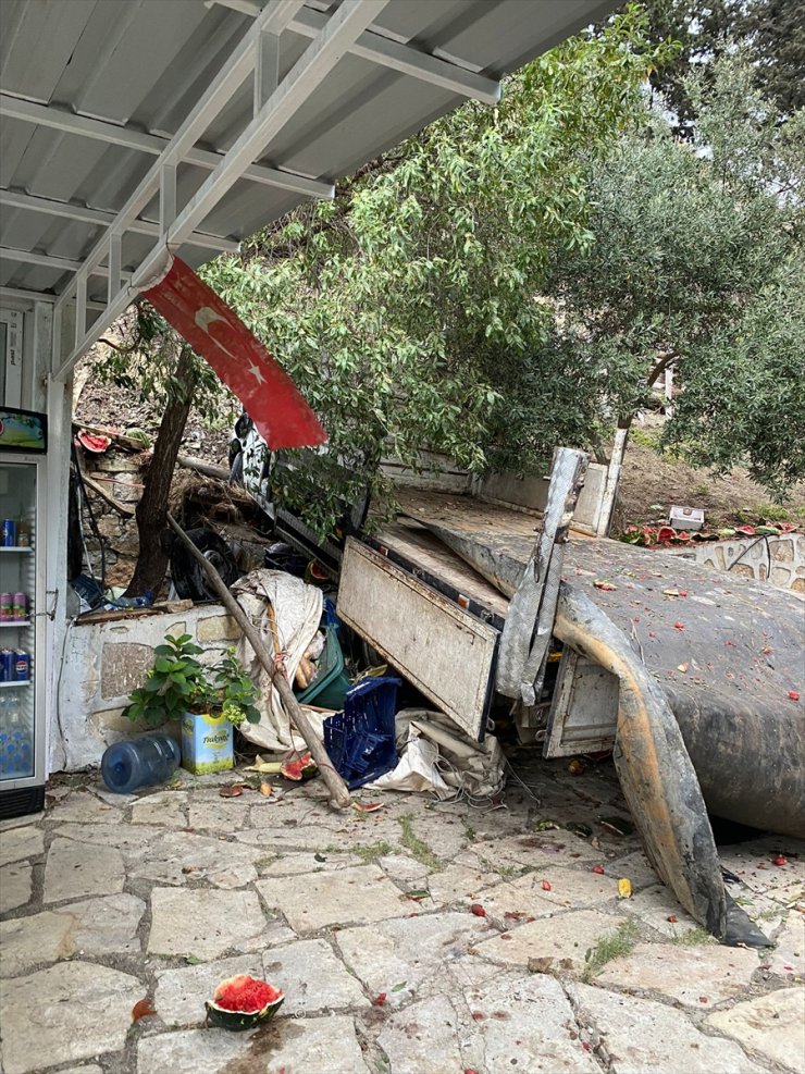 Hatay'da freni arızalanan kamyonet kooperatifin bahçesine devrildi