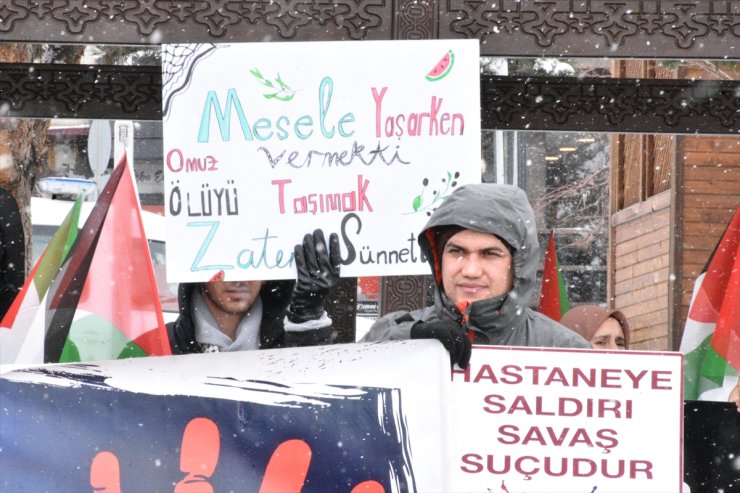 Erzurum'da sağlık çalışanları, kar yağışına rağmen Gazze için yürüdü