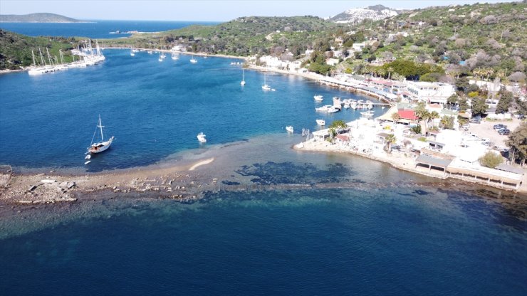 Bodrum'da denizin çekilmesiyle Tavşan Adası'ndaki tarihi surlar ortaya çıktı