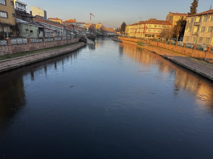 Eskişehir'de Porsuk Çayı'nın yüzeyi buz tuttu